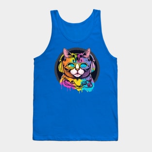 t-shirt design, colorful cat with headphones on, graffiti art psychedelic art, black background, synthwave, colorful Tank Top